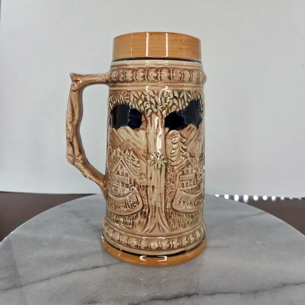 Vintage Made in Japan Beer Stein Tankard Relief Liebundlied Froh Gemut 3D Scene